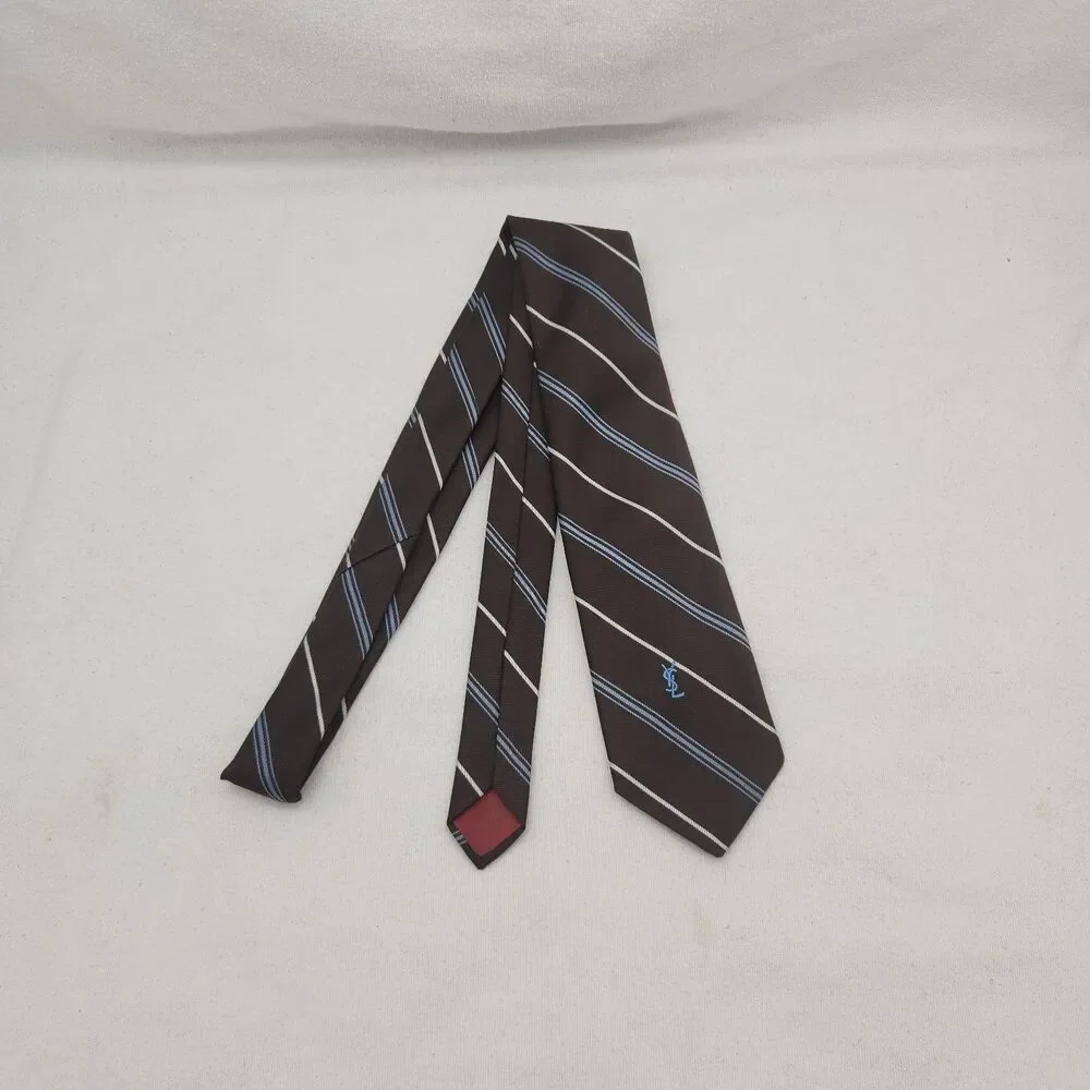 Tie Yves Saint Laurent YSL Neckwear Brown Rep Blue & White Stripes New York VTG